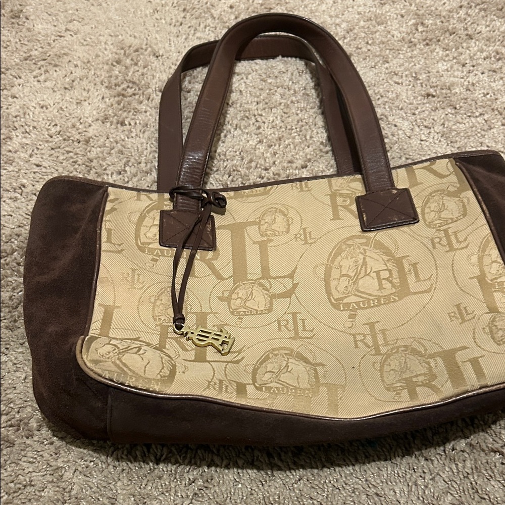 Ralph Lauren Beige Canvas Tote with Brown Suede Trim
